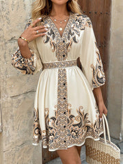New Printed V-Neck Three-Quarter Sleeve Tie-Waist Dress