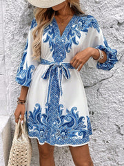 New Printed V-Neck Three-Quarter Sleeve Tie-Waist Dress