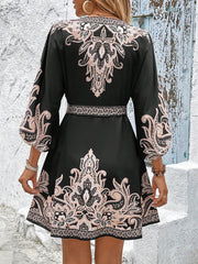 New Printed V-Neck Three-Quarter Sleeve Tie-Waist Dress