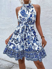 Fashion floral waist halter neck dress