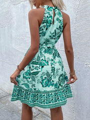 Fashion floral waist halter neck dress