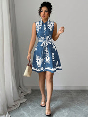 Women's Fashion Printed Waist Tie Sleeveless Dress