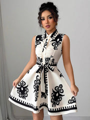 Women's Fashion Printed Waist Tie Sleeveless Dress