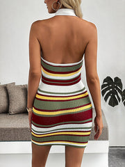 New Retro Striped Halter Neck Open Back Slim Fit Knit Dress