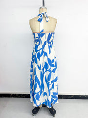 Floral print skirt seaside holiday style halter neck backless dress