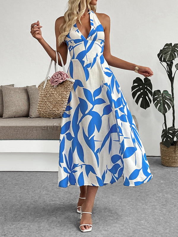 Floral print skirt seaside holiday style halter neck backless dress