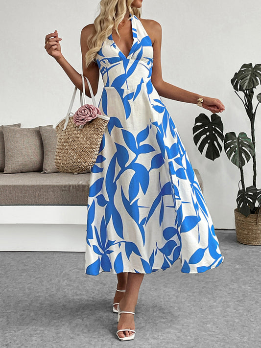 Floral print skirt seaside holiday style halter neck backless dress