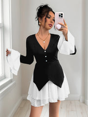 Long-sleeved contrast skirt with ruffled autumn dress