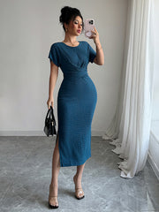 Dark blue fitted waist dress