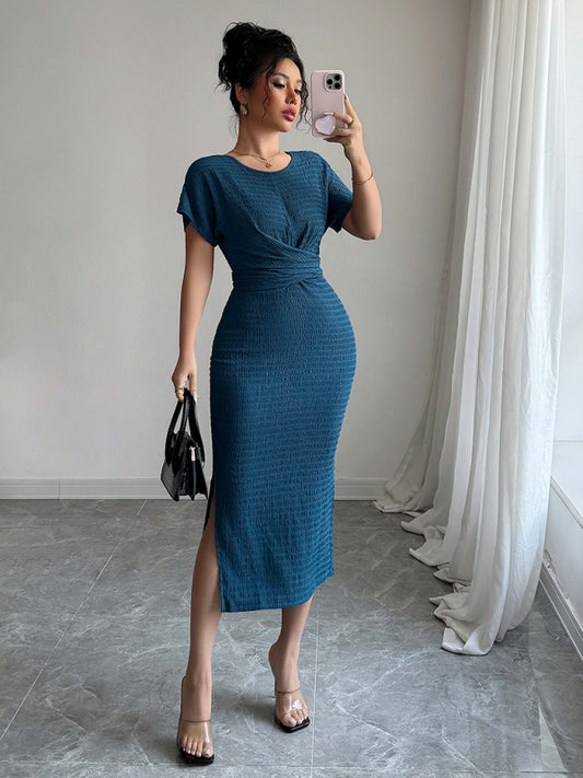 Dark blue fitted waist dress