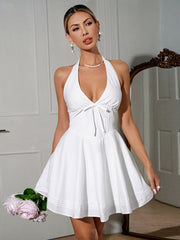French Elegant Style Halter Neck Tunic Dress