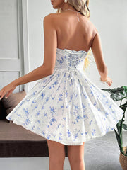 French holiday style floral tube top mini dress
