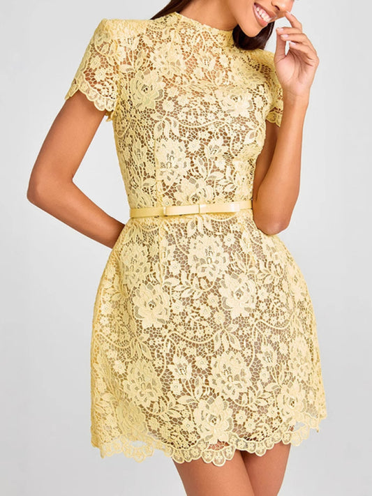 Sexy See-Through Lace Yellow Round Neck Miniskirt Dress