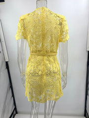 Sexy See-Through Lace Yellow Round Neck Miniskirt Dress