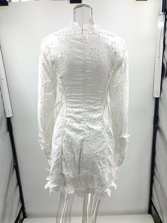 Long Sleeve Lace V-Neck Slim Fit Short Dress