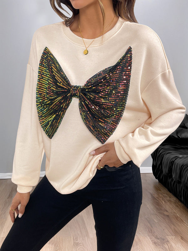 Sequined Bow Crew Neck Pullover Sweatshirt