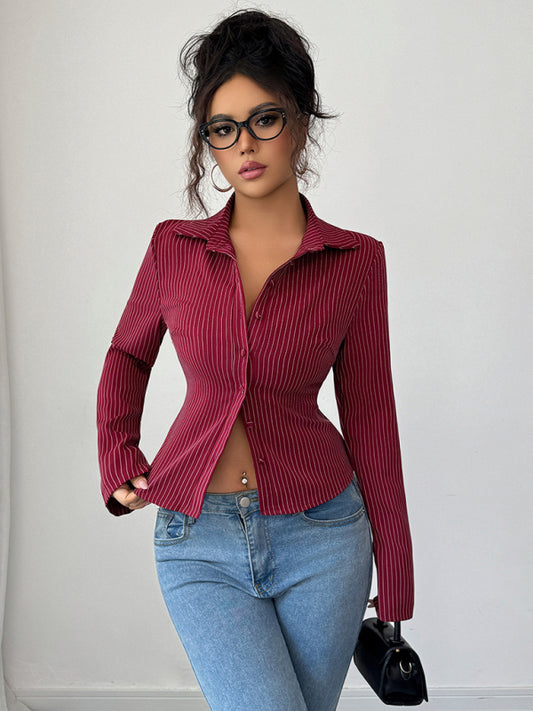Casual simple high-end striped long-sleeved cardigan shirt