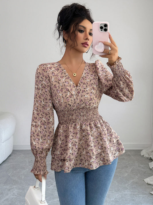 Floral long-sleeved T-shirt with floral waist