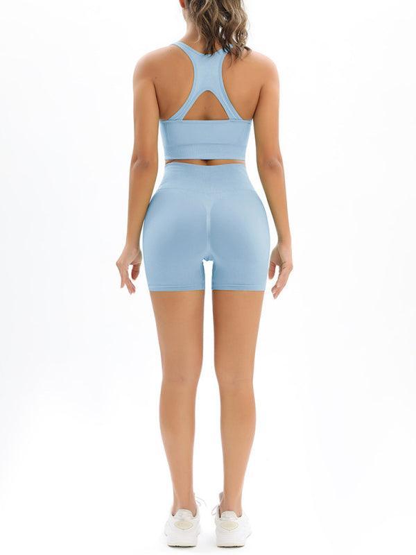 Women's Beautiful Back High Waist Peach Hip Seamless Knitted Tank Top Shorts Two-Piece Set - 808Lush