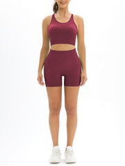 Women's Beautiful Back High Waist Peach Hip Seamless Knitted Tank Top Shorts Two-Piece Set - 808Lush