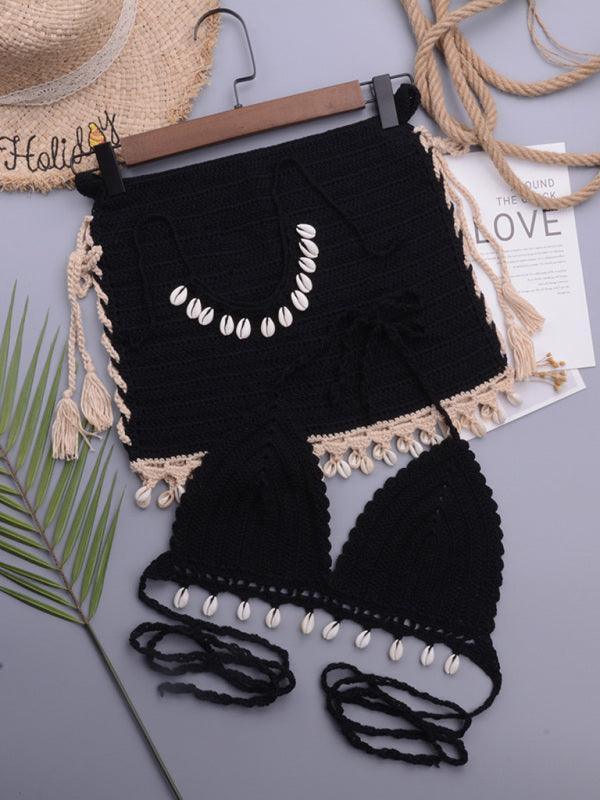 3 piece bikini set shell solid color strappy - 808Lush