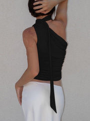 Casual all-match slim-fit one-shoulder streamer design solid color sleeveless vest top - 808Lush