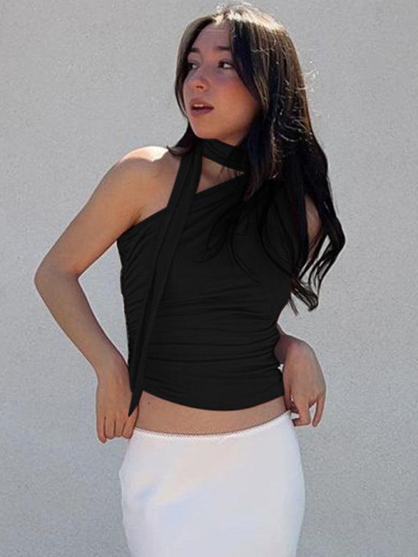Casual all-match slim-fit one-shoulder streamer design solid color sleeveless vest top - 808Lush