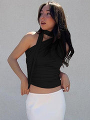 Casual all-match slim-fit one-shoulder streamer design solid color sleeveless vest top - 808Lush