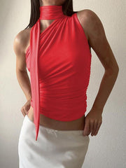 Casual all-match slim-fit one-shoulder streamer design solid color sleeveless vest top - 808Lush