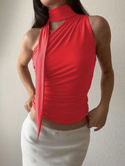 Casual all-match slim-fit one-shoulder streamer design solid color sleeveless vest top - 808Lush