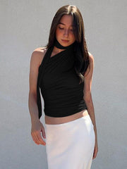 Casual all-match slim-fit one-shoulder streamer design solid color sleeveless vest top - 808Lush