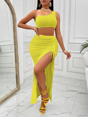 Casual solid color slope neck top and skirt slit suit - 808Lush