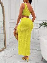 Casual solid color slope neck top and skirt slit suit - 808Lush