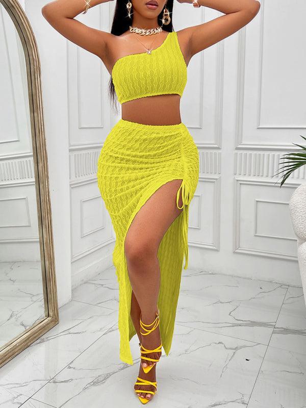 Casual solid color slope neck top and skirt slit suit - 808Lush