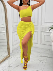 Casual solid color slope neck top and skirt slit suit - 808Lush