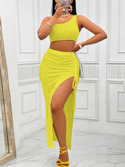 Casual solid color slope neck top and skirt slit suit - 808Lush
