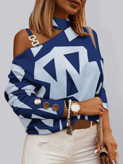 Check Geometric Pattern Print Long Sleeve Chain Halter Print Button Top - 808Lush