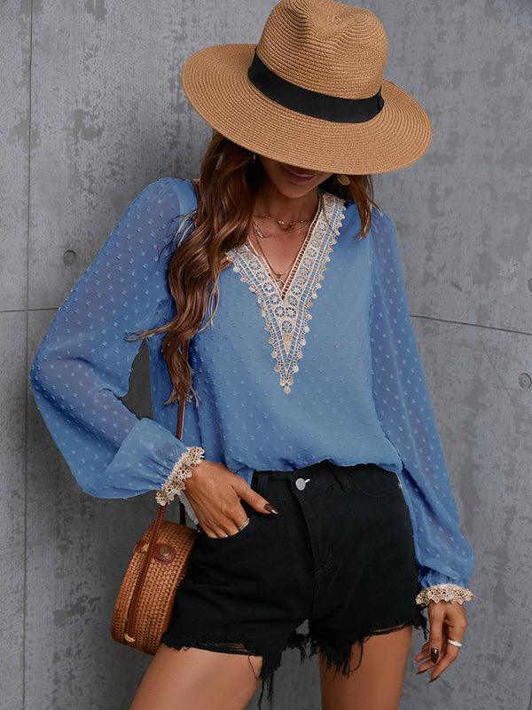 Chiffon solid color stitching lace long-sleeved shirt commuting top - 808Lush
