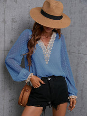 Chiffon solid color stitching lace long-sleeved shirt commuting top - 808Lush