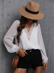 Chiffon solid color stitching lace long-sleeved shirt commuting top - 808Lush