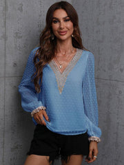Chiffon solid color stitching lace long-sleeved shirt commuting top - 808Lush
