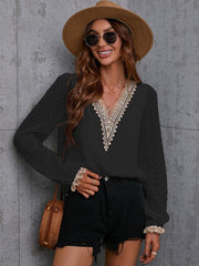 Chiffon solid color stitching lace long-sleeved shirt commuting top - 808Lush