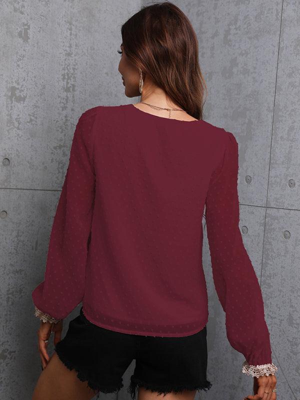 Chiffon solid color stitching lace long-sleeved shirt commuting top - 808Lush