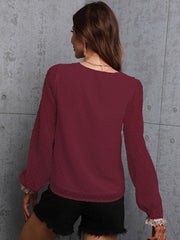 Chiffon solid color stitching lace long-sleeved shirt commuting top - 808Lush