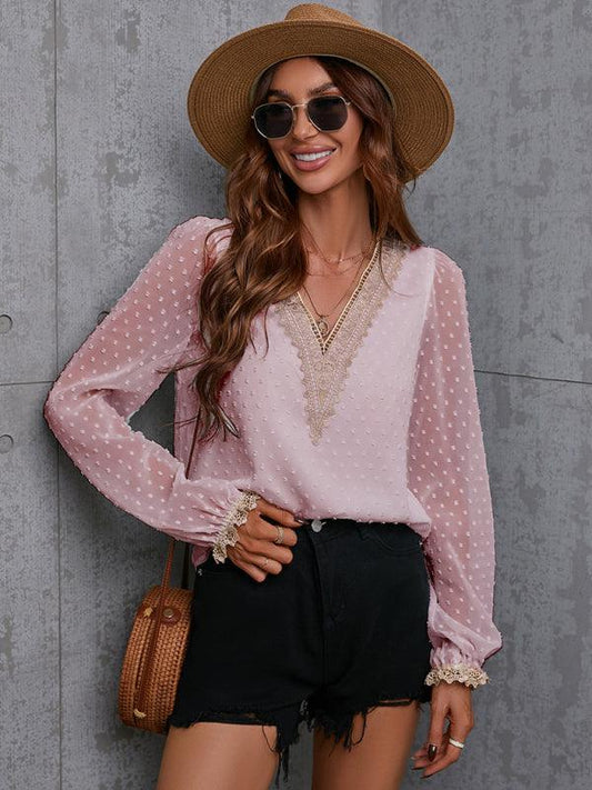 Chiffon solid color stitching lace long-sleeved shirt commuting top - 808Lush