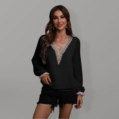 Chiffon solid color stitching lace long-sleeved shirt commuting top - 808Lush