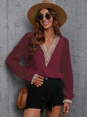 Chiffon solid color stitching lace long-sleeved shirt commuting top - 808Lush