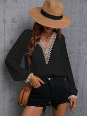 Chiffon solid color stitching lace long-sleeved shirt commuting top - 808Lush