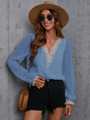 Chiffon solid color stitching lace long-sleeved shirt commuting top - 808Lush