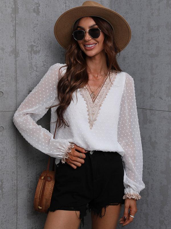 Chiffon solid color stitching lace long-sleeved shirt commuting top - 808Lush